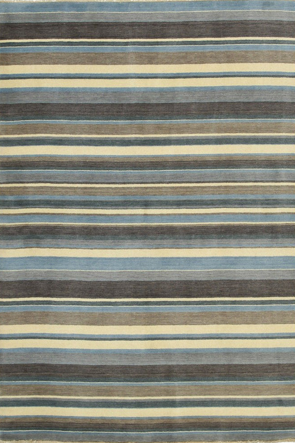 Blue/Brown Striped Handmade Wool Rug, Made in India