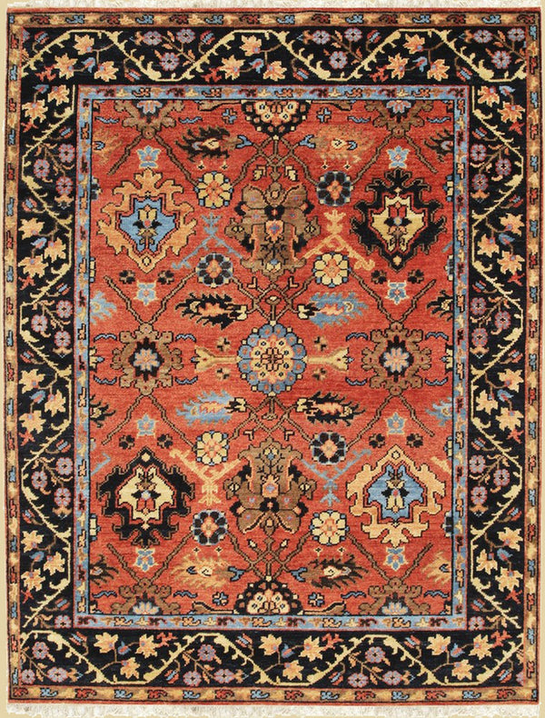 Hand Knotted Wool Rust / Navy Traditional All Over Traditional Knot Rug, Made in India