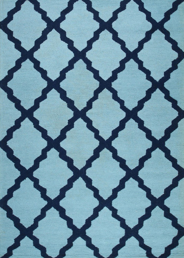 Blue Traditional Trellis Geometric Moroccan Area Rug, Made in India - The rug features a traditional Moroccan design with geometric patterns