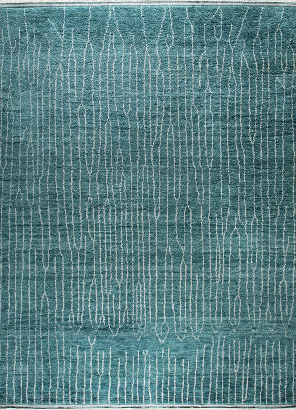 Hand-Knotted Wool Green Modern Contemporary Moroccan  Rug, Made in India