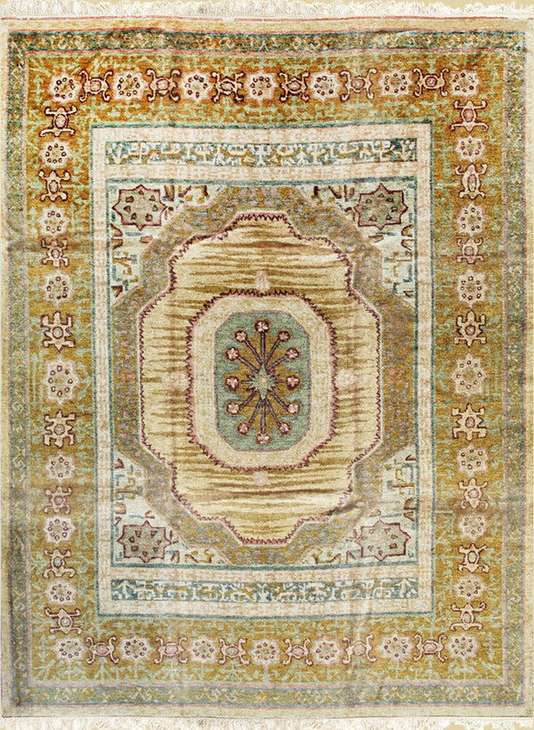 Handmade Mohair Green Traditional All Over  Oushak Rug, Made in India