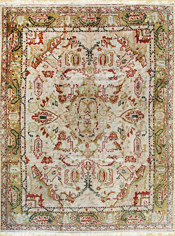 Handmade Mohair Beige Traditional All Over  Oushak Rug, Made in India