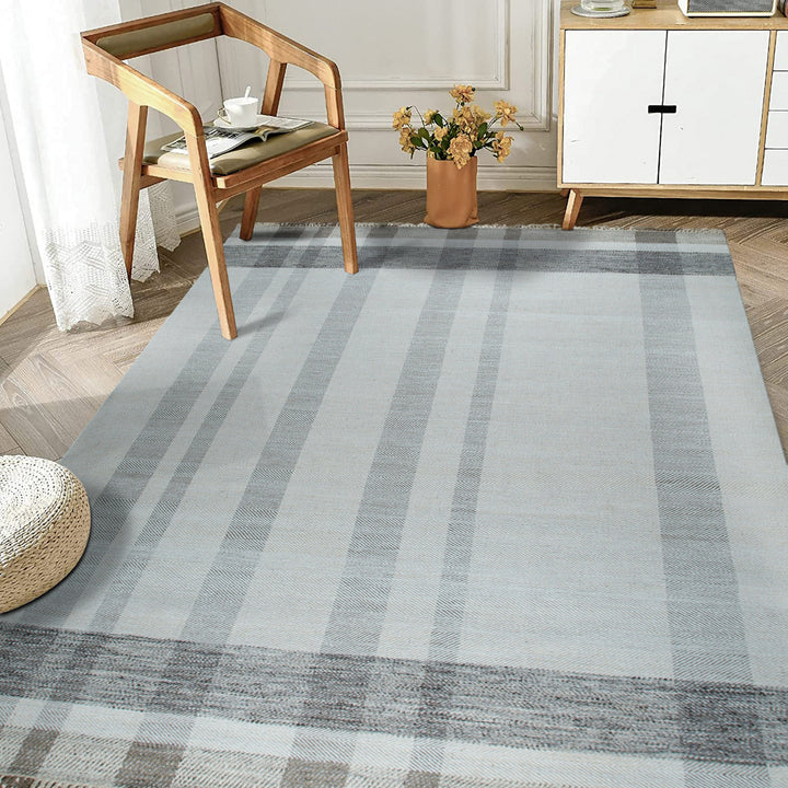 Gray Hand-Knotted Wool Contemporary Flat Modern Plaid Area Rug