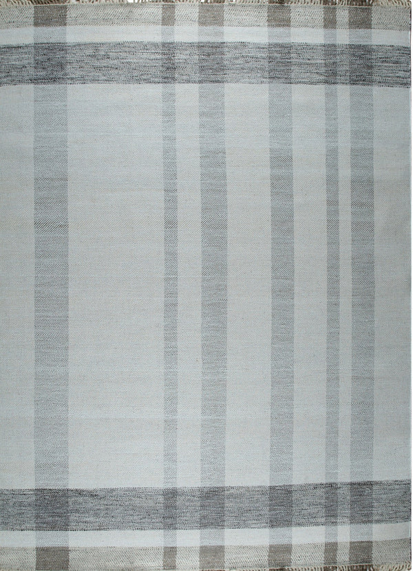 Gray Hand-Knotted Wool Contemporary Flat Modern Plaid Area Rug, Made in India