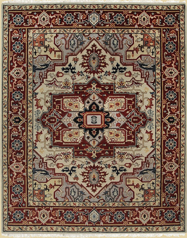 Hand Knotted Wool Ivory Traditional Medallion Heriz Weave Rug, Made in India