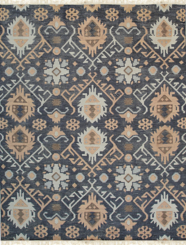 Hand Knotted Wool Black Traditional Geometric Oushak Rug, Made in India