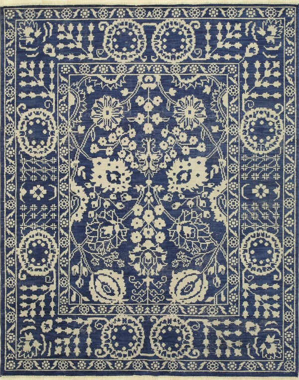 Hand Knotted Wool Blue Traditional Oriental Suzani Rug, Made in India