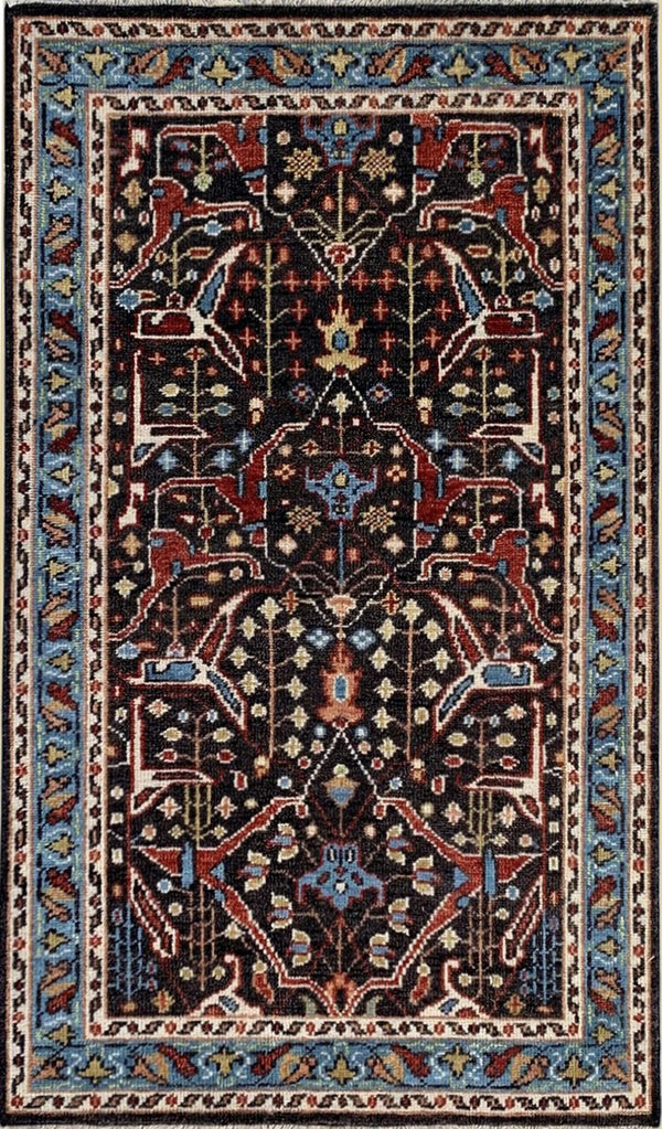 Hand Knotted Wool Brown / Blue Traditional Classic Bidjar Collection Rug, Made in India
