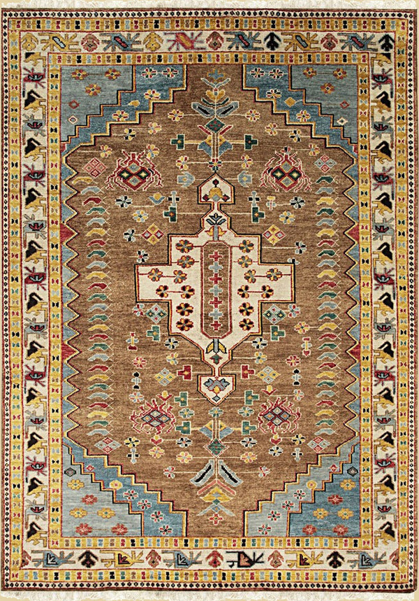 Hand Knotted Wool Brown Traditional Medallion Traditional Knot Rug, Made in India