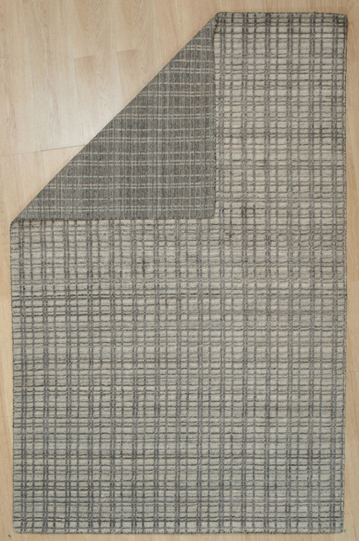 Handmade Wool & Viscose Beige Contemporary Geometric Loom Check Rug