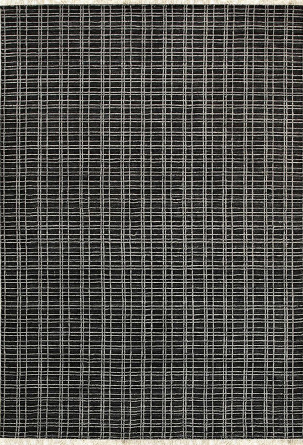 Handmade Wool & Viscose Charcoal Contemporary Geometric Loom Check Rug, Made in India