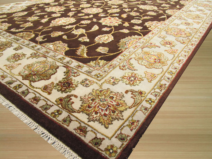 Hand Knotted Wool & Silk Brown Traditional Oriental Flower Jaipur Rug