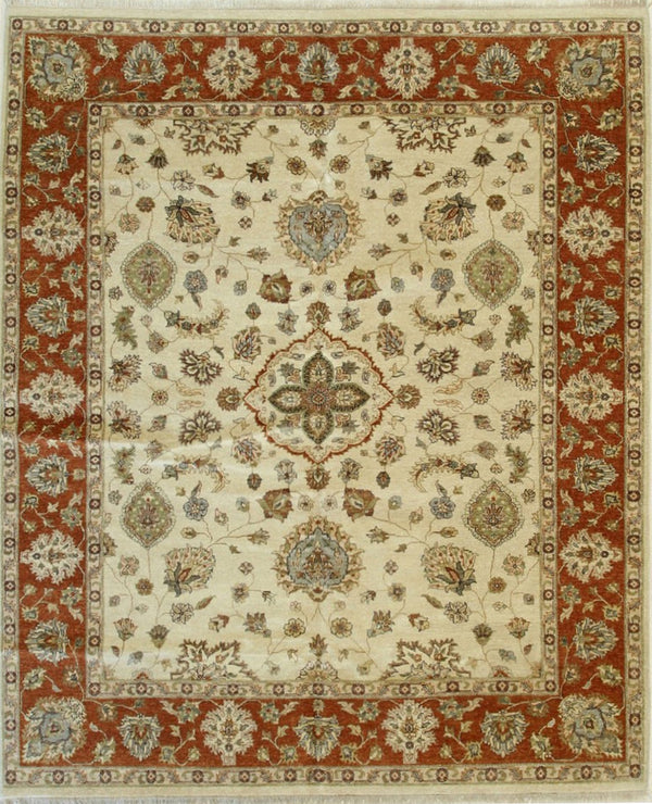 Ivory/orange Hand Knotted Wool Traditional Oriental Agra Rug, Made in India
