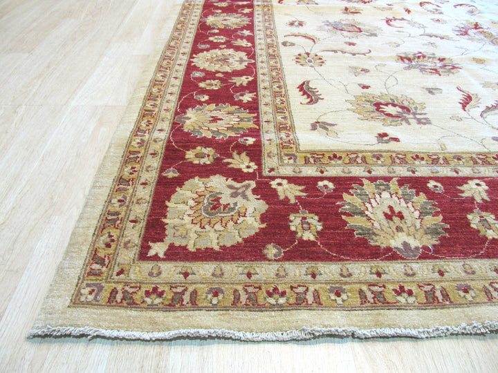 Ivory/Red Hand Knotted Wool Traditional Peshawar Rug