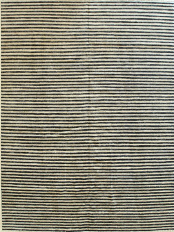 Beige/charcoal Hand Knotted Wool Transitional Striped Rug, Made in India