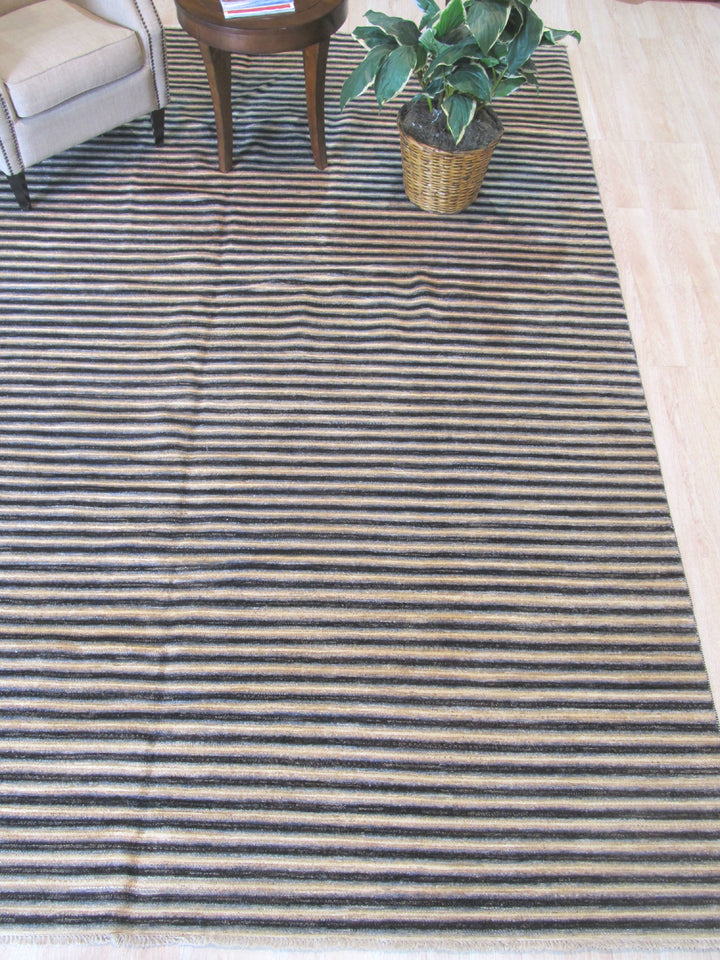 Beige/charcoal Hand Knotted Wool Transitional Striped Rug