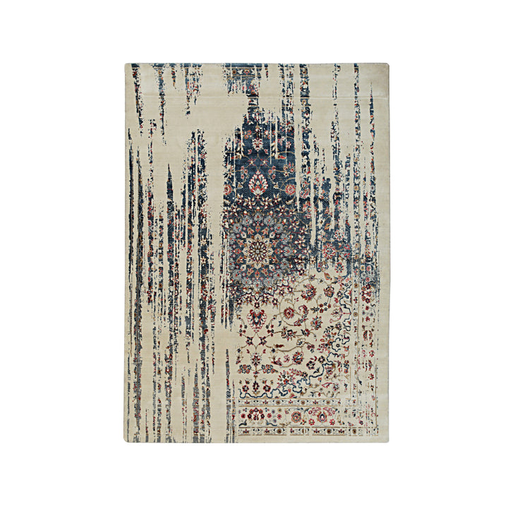 Hand Crafted Wool & Viscose Ivory / Dark Teal Contemporary Modern Hand Crafted Rug