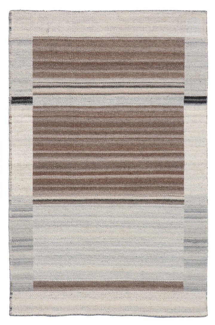 Hand Woven  Wool and Viscose Brown Modern Contemporary Reversible flat weave Durry Rug
