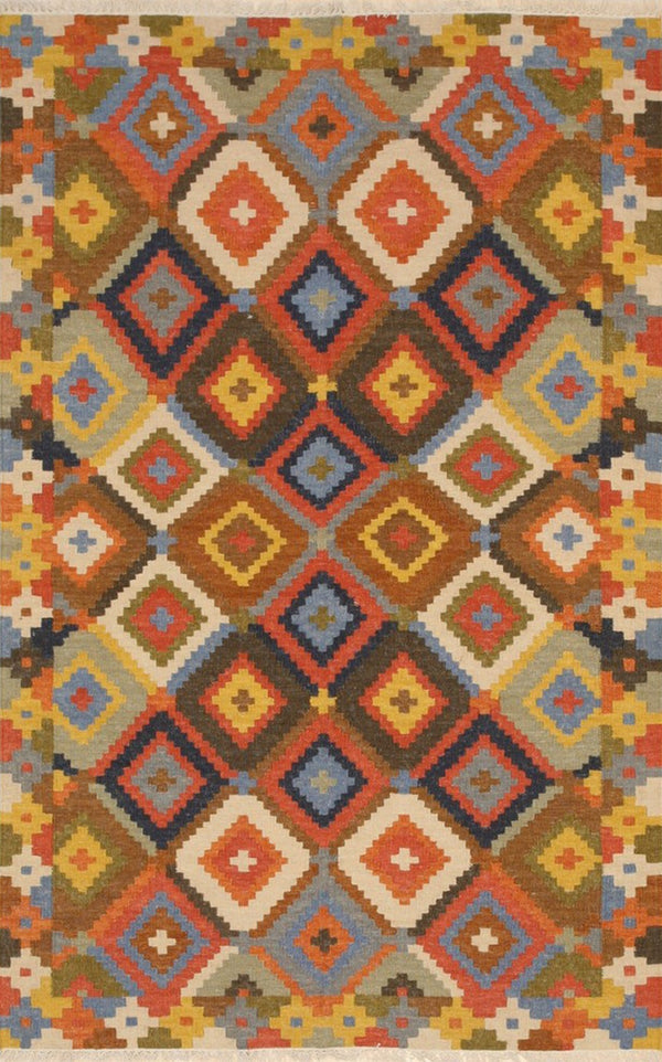 Handmade Wool Multi-Colored Traditional Geometric Kilim Rug, Made in India