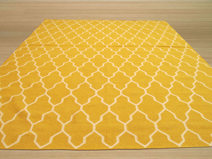 Handmade Wool Yellow Transitional Trellis Reversible Modern Moroccan Kilim Rug