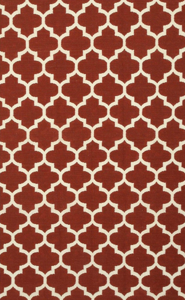 Handmade Wool Red Contemporary Trellis Flatweave Reversible Moroccan Rug, Made in India
