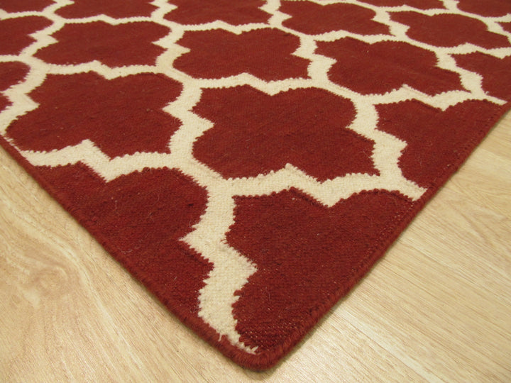 Handmade Wool Red Contemporary Trellis Flatweave ReversibleMoroccan Rug