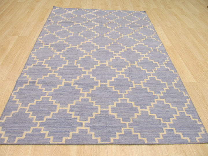 Handmade Wool Blue Contemporary Trellis Flatweave ReversibleMoroccan Rug