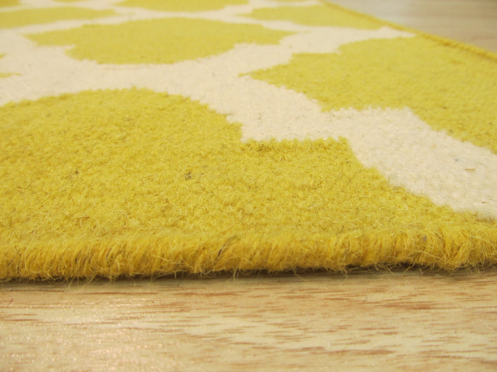 Handmade Wool Yellow Transitional Geometric Reversible Modern Moroccan Kilim Rug