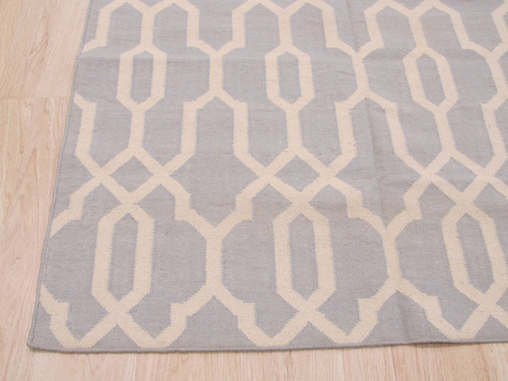 Handmade Wool Blue Transitional Geometric Reversible Modern Moroccan Kilim Rug