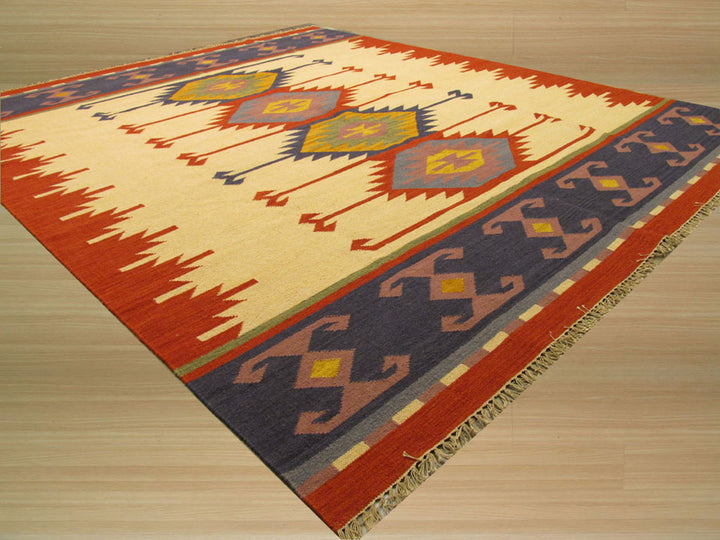 Stylish Handmade Wool Ivory Traditional Geometric Keysari Kilim Indoor Rectangular Area Rugs