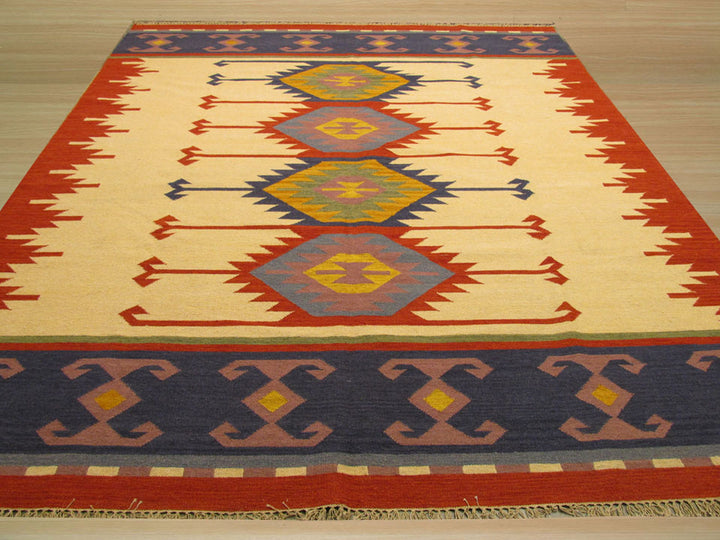 Stylish Handmade Wool Ivory Traditional Geometric Keysari Kilim Indoor Rectangular Area Rugs