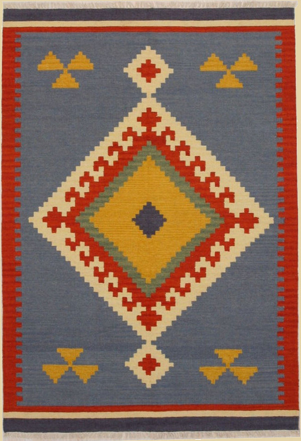 Handmade Wool Blue Traditional Geometric Keysari Kilim Rug, Made in India
