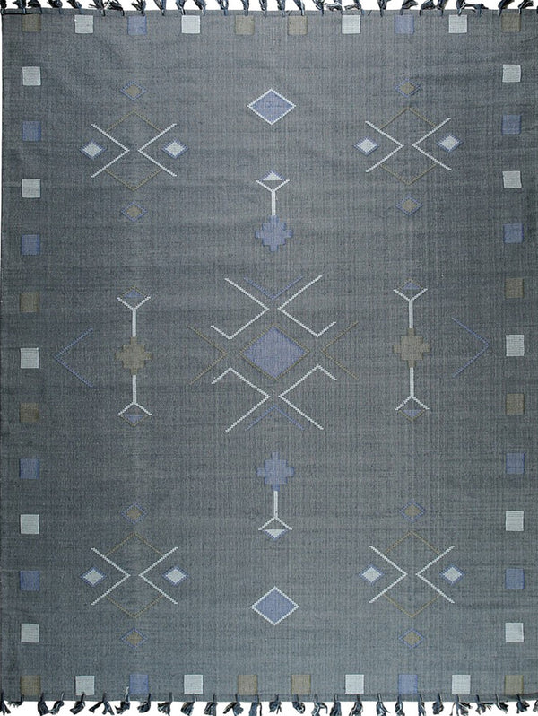 Hand-Knotted Cotton  Grey Contemporary Geometric Flat Weave Rug