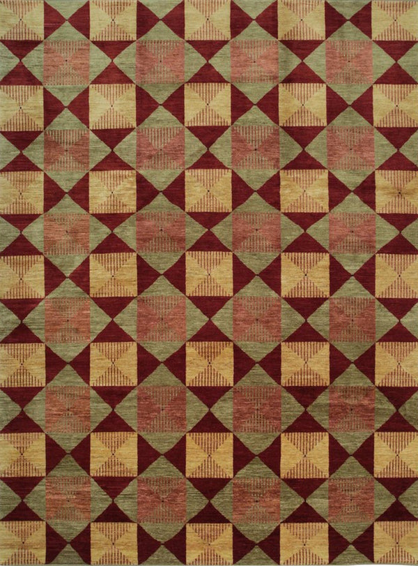 Handmade Afghan Wool Red Transitional Geometric Turkish Knot Rug, Made in India