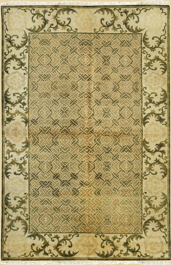 Handmade Wool Green Transitional All Over Ningxia  Rug, Made in India