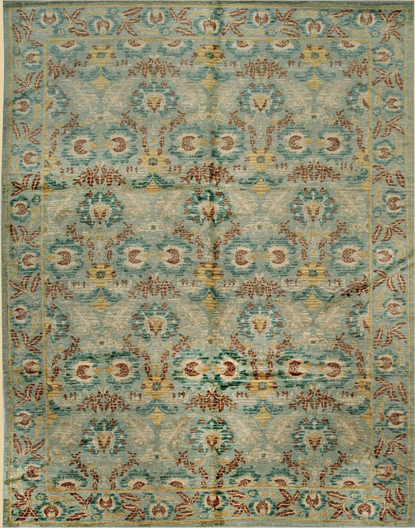 Handwoven Wool Green Transitional Floral Spanish Style Rug, Made in India