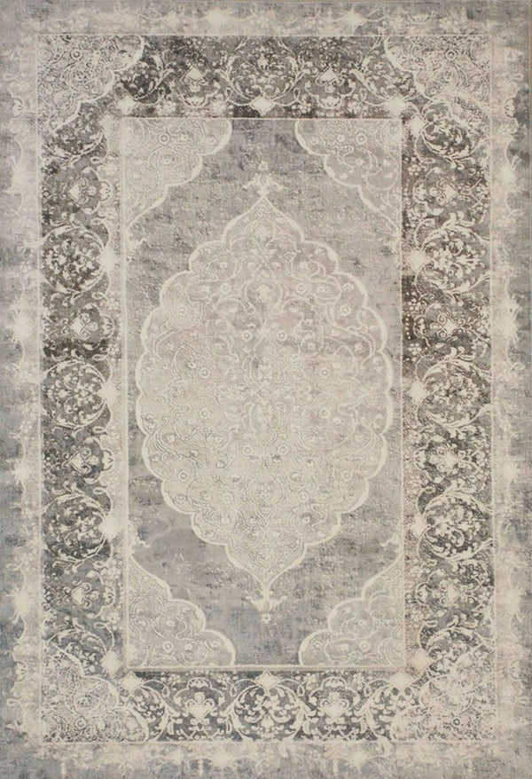 Gray Distressed Bohemian Moderno Medallion Rug, Made in India
