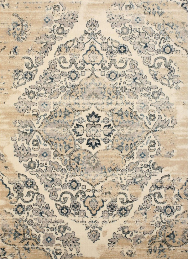 Ivory Distressed Bohemian Isabella Medallion Rug, Made in India