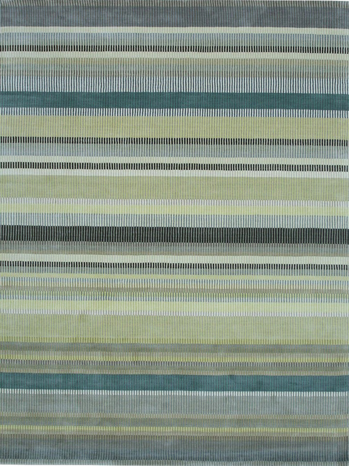 Hand-Knotted Wool Light Green Modern Contemporary Knotted Striped Rug