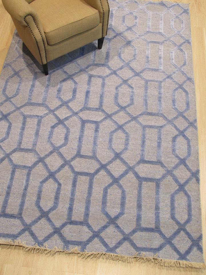 Hand Knotted Wool & Viscose Blue Transitional Geometric Links Rug