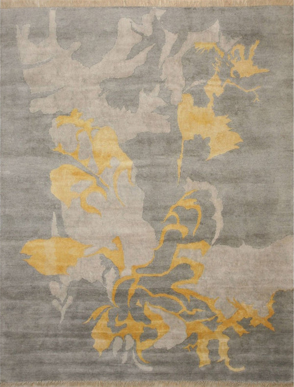 Hand Knotted Wool & Viscose Gray Contemporary Abstract Art Rug, Made in India