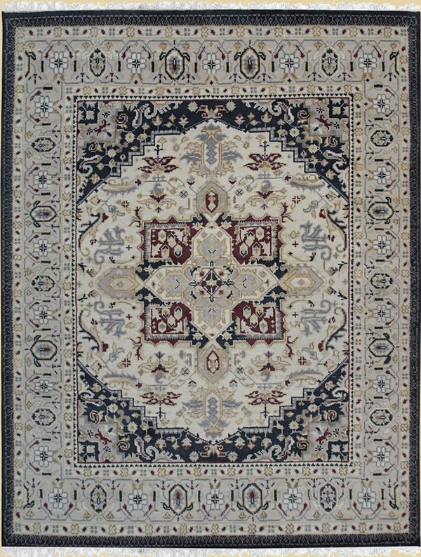 Hand Knotted Wool Ivory Traditional Oriental Modern Knotted Rug, Made in India