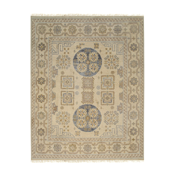Hand Knotted Wool Beige Traditional Floral Khotan Weave  Rug