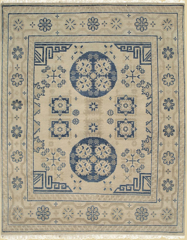 Hand Knotted Wool Beige/ Blue Traditional Floral Khotan Weave  Rug, Made in India