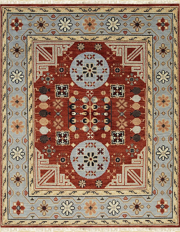 Hand Knotted Wool Rust Traditional Floral Khotan Weave Rug, Made in India