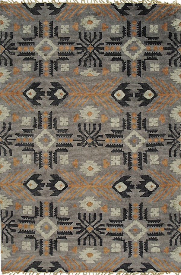 Hand Knotted Wool Gray Traditional Geometric Piled American Rug, Made in India