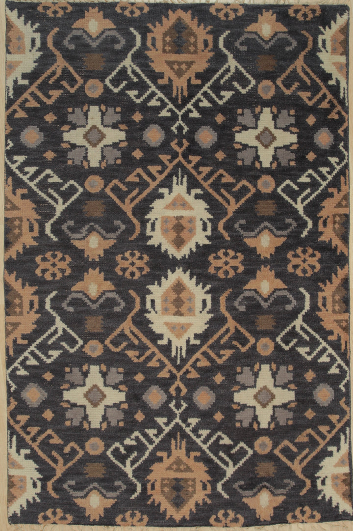 Hand Knotted Wool Black Traditional Geometric Oushak Rug