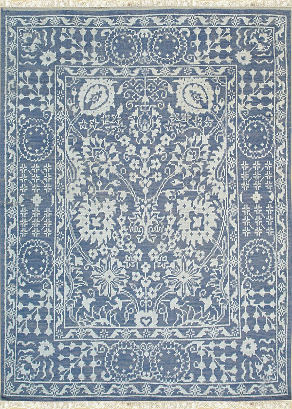 Stylish Hand Knotted Wool/Bamboo Silk BLUE Traditional Geometric Agra Indoor Rectangular Area Rugs