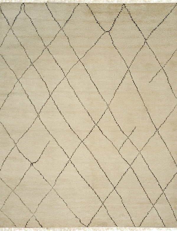 Hand Knotted Wool Beige Traditional Geometric Modern Moroccan Rug, Made in India