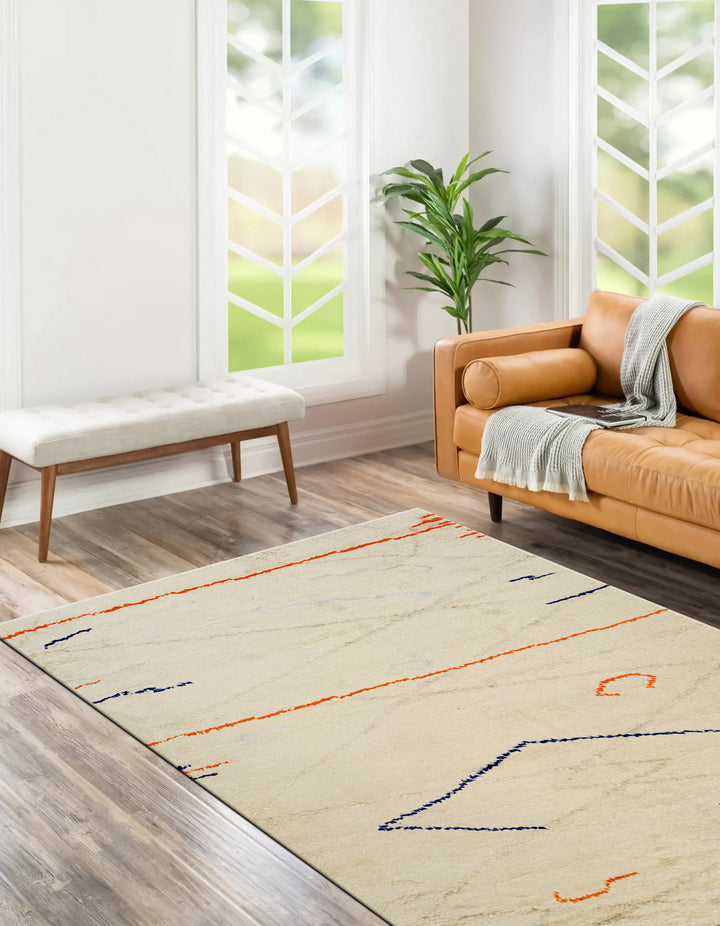 Stylish Hand Knotted Wool Beige Traditional Geometric Modern Moroccan Indoor Rectangular Area Rugs